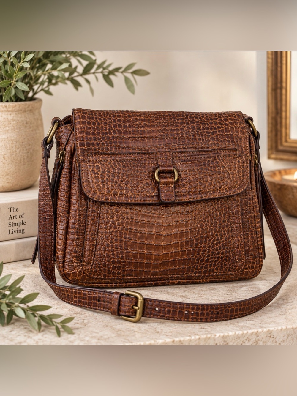 Coldwater Creek Embossed Croc Textured Brown Crossbody Bag